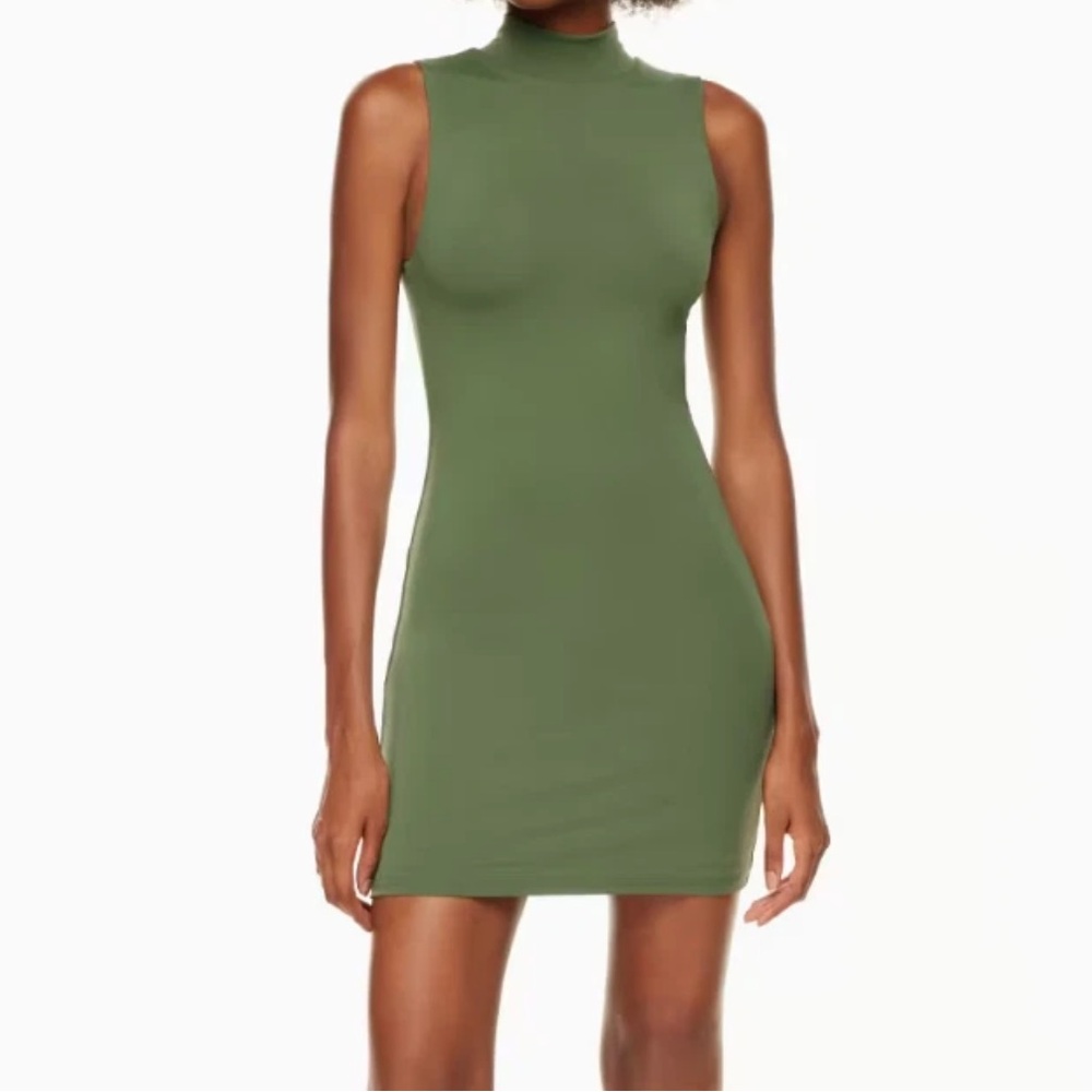 Aritzia Babaton Mock-Neck Sleeveless Mini Green Dress Bodycon Sz 2XS DoubleLayer